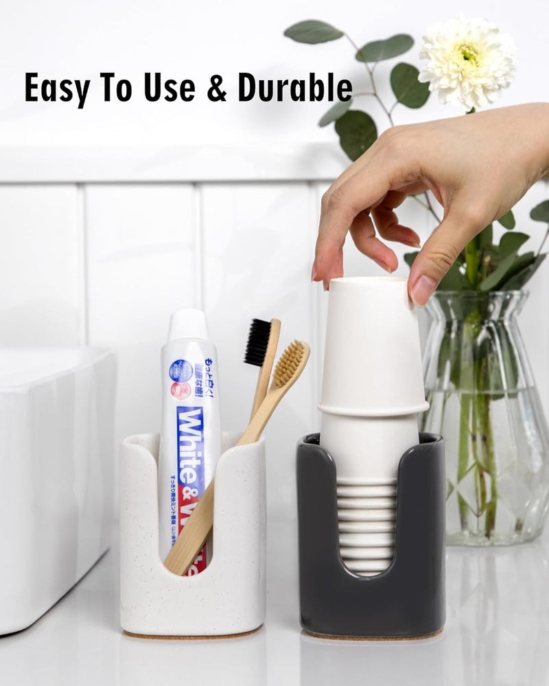 Viosuniu 5 oz Square Ceramic Bathroom Cup Dispenser for Kids and Pregnancy - Disposable Paper Cup Holder for Mouthwash Cups on Bathroom Vanity Countertop (1 Pack, Grey) - Image 4